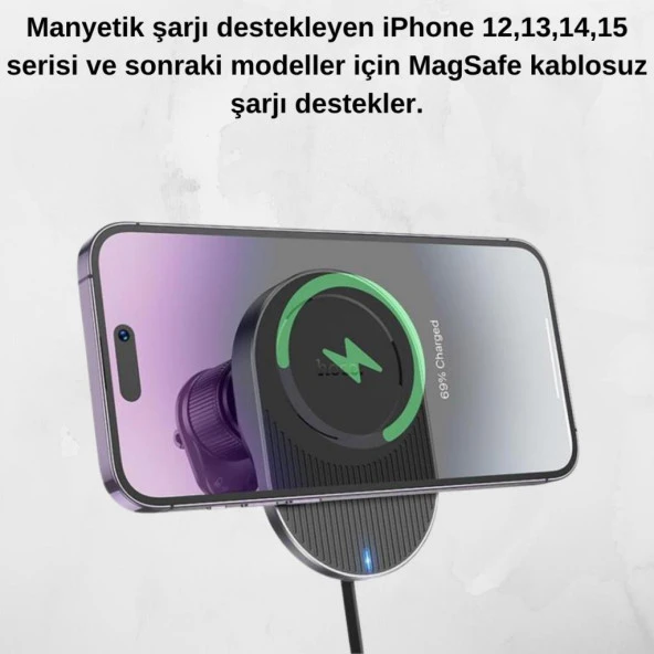 Coofbe Type-C Kablolu Magsafe Kablosuz 15W Araç Şarjı Araç Telefon Tutucu İphone 13 14 15 Pro Max Uyumlu - 4