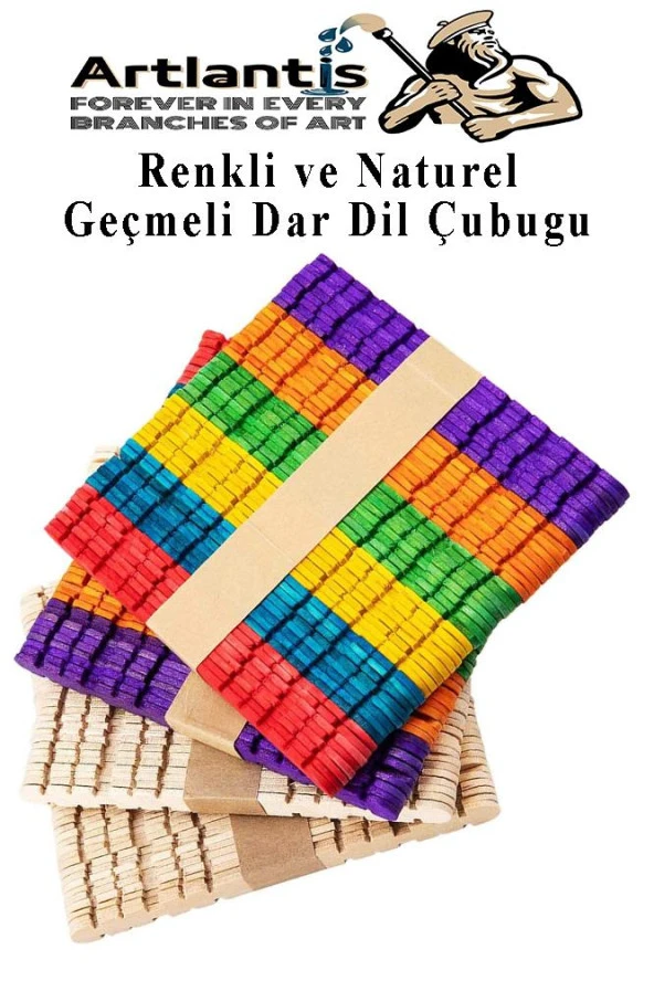 Renkli Naturel Geçmeli Dil Çubuğu Dar 200 lü 1 Paket Çentikli Tırtıklı Geçirmeli Eklemeli Dondurma Çubuğu Kesik Uçlu Ahşap Çubuk ürün görseli 1