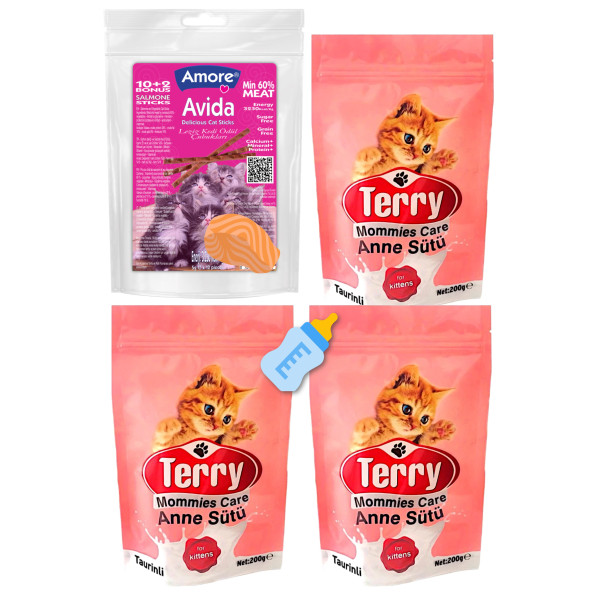 Terry Mommies Care Anne Kedi Sütü Tozu 3 x 200 gr, Biberon, Avida 12li Somonlu Sticks Ödül