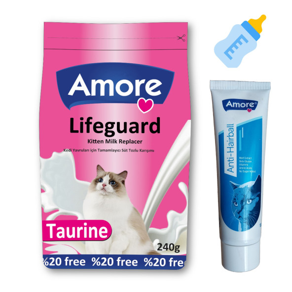 LifeGuard 240gr Yavru Kedi Süt Tozu, Anti-Hairball Kedi Tüy Yumağı Önleyici 100ml Malt-Pasta, Biberon