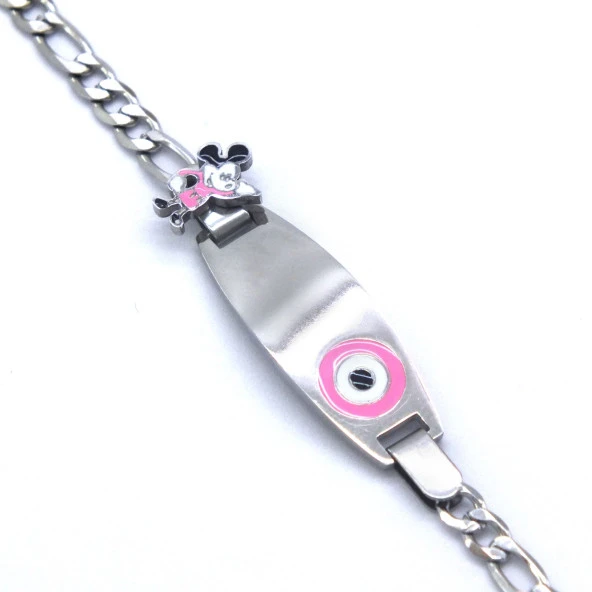 Bebek Bileklik Çelik Pembe Nazar Boncuklu Mickey Mouselu BLK-960 - Resim 2