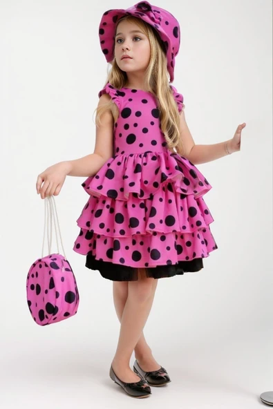 Kız Çocuk Kat Kat Fırfırlı Etek Ucu Tüllü Üzeri Üzeri Benekli Pembe Elbise ürün görseli
