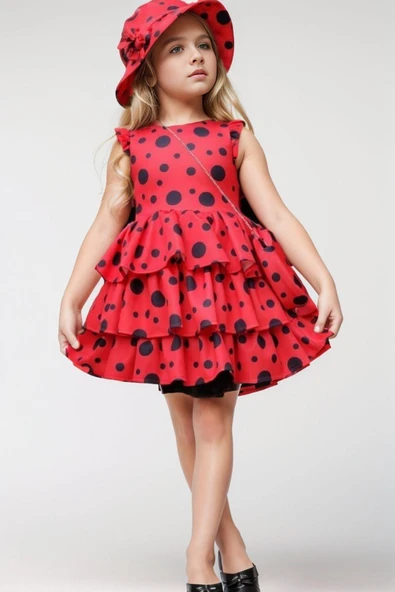 Kız Çocuk Kat Kat Fırfırlı Etek Ucu Tüllü Üzeri Üzeri Benekli Kırmızı Elbise ürün görseli