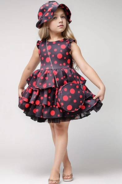 Kız Çocuk Kolları ve Eteği Kat Kat Fırfırlı Üzeri Kırmızı Benekli Elbise ürün görseli