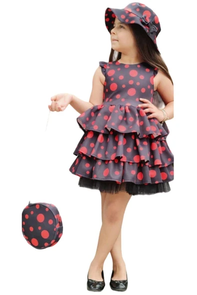 Kız Çocuk Kolları ve Eteği Kat Kat Fırfırlı Üzeri Kırmızı Benekli Elbise - Resim 2