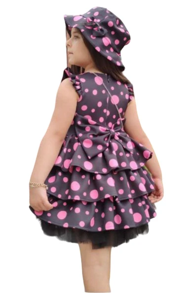 Kız Çocuk Kolları ve Eteği Kat Kat Fırfırlı Üzeri Pembe Benekli Elbise - Resim 3