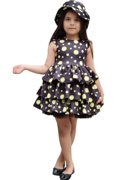 Kız Çocuk Kolları ve Eteği Kat Kat Fırfırlı Üzeri Sarı Benekli Elbise - Resim 3