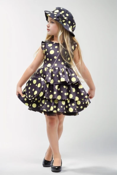 Kız Çocuk Kolları ve Eteği Kat Kat Fırfırlı Üzeri Sarı Benekli Elbise ürün görseli