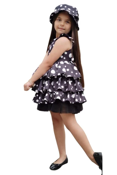 Kız Çocuk Kolları ve Eteği Kat Kat Fırfırlı Üzeri Beyaz Benekli Elbise - Resim 2