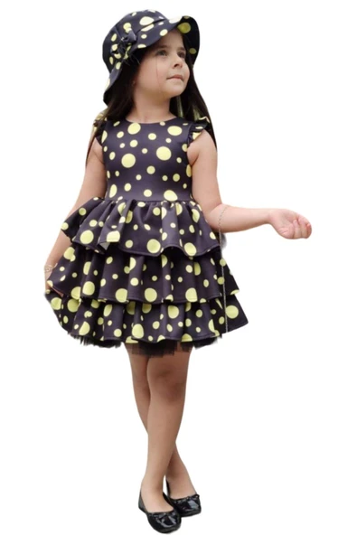 Kız Çocuk Kolları ve Eteği Kat Kat Fırfırlı Üzeri Sarı Benekli Elbise - Resim 2