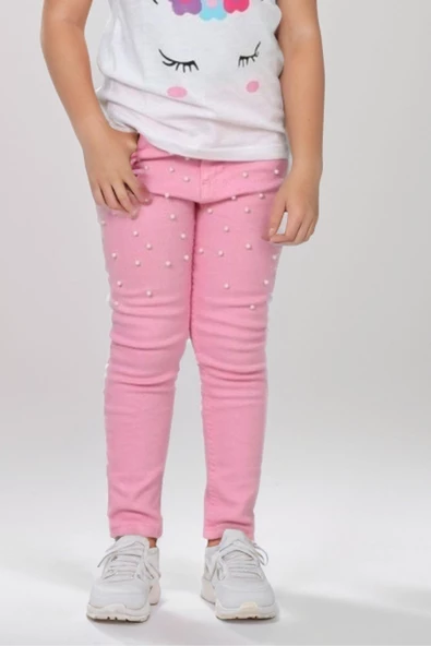 Kız Çocuk Unicorn Baskılı Tişört Boncuk İşlemeli Pembe Pantolon Alt Üst Takım - 3