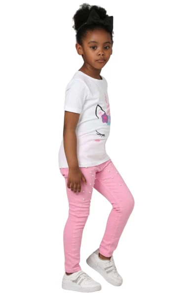 Kız Çocuk Unicorn Baskılı Tişört Boncuk İşlemeli Pembe Pantolon Alt Üst Takım - 4