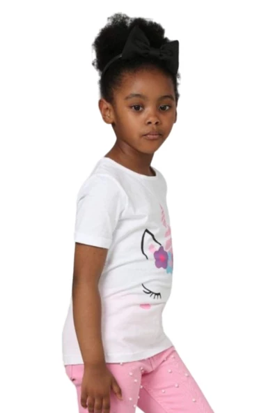 Kız Çocuk Unicorn Baskılı Tişört Boncuk İşlemeli Pembe Pantolon Alt Üst Takım - 5
