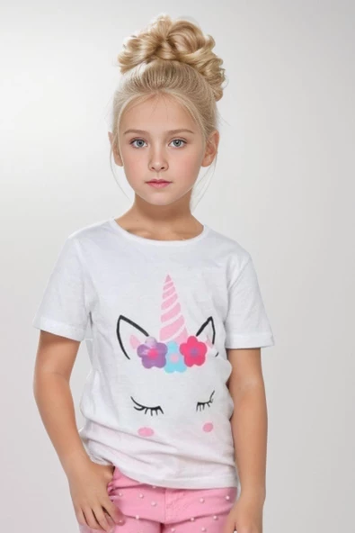 Kız Çocuk Unicorn Baskılı Tişört Boncuk İşlemeli Pembe Pantolon Alt Üst Takım - 2