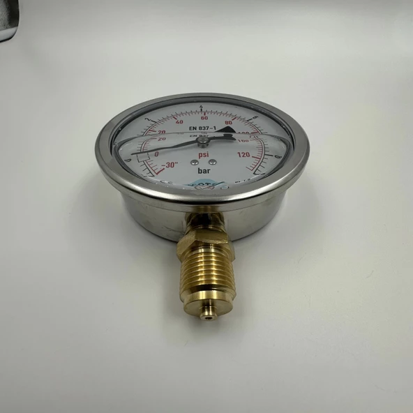 Manometre Gliserinli Alttan Çıkışlı Q100 - 0 - 1 + 9 Bar 1/2 - 4