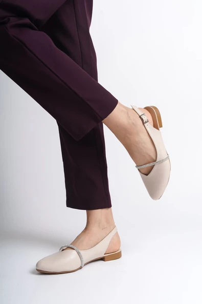 ALLISON Tokalı Ortopedik Rahat Taban Taş Detaylı Kadın Babet Ayakkabı KT Krem - 3