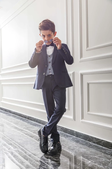 Yelekli Papyonlu Çocuk Genç Mevsimlik Takım Elbise Mezuniyet Balo Bayramlık Düğünlük Damatlık Seti 5'li NX-5004 - Resim 2