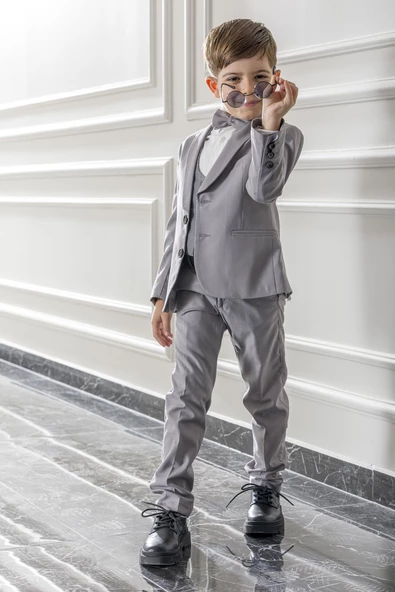 Yelekli Papyonlu Çocuk Genç Mevsimlik Takım Elbise Mezuniyet Balo Bayramlık Düğünlük Damatlık Seti 5'li NX-5004 - Resim 8