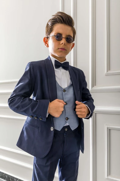 Yelekli Papyonlu Çocuk Genç Mevsimlik Takım Elbise Mezuniyet Balo Bayramlık Düğünlük Damatlık Seti 5'li NX-5004 - Resim 3