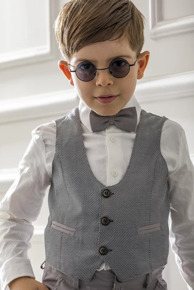 Yelekli Papyonlu Çocuk Genç Mevsimlik Takım Elbise Mezuniyet Balo Bayramlık Düğünlük Damatlık Seti 5'li NX-5004 - Resim 9