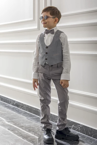 Yelekli Papyonlu Çocuk Genç Mevsimlik Takım Elbise Mezuniyet Balo Bayramlık Düğünlük Damatlık Seti 5'li NX-5004 - Resim 10