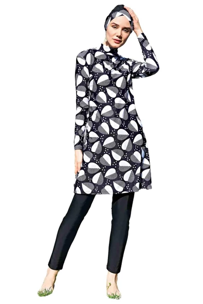 Ruko Maio Kadın Siyah Desenli Uzun Kol Tesettür Mayo 24087 - Resim 2