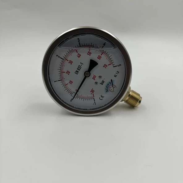 Manometre Gliserinli Alttan Çıkışlı Q100 - 0 - 1 + 5 Bar 1/2 - 4
