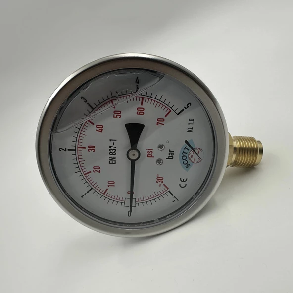 Manometre Gliserinli Alttan Çıkışlı Q100 - 0 - 1 + 5 Bar 1/2 - 3