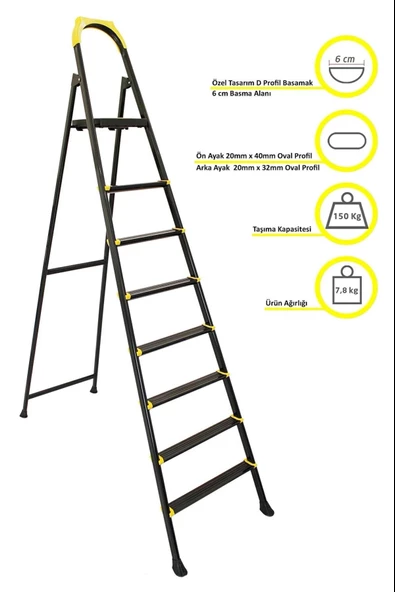 ERTEKPALeo Siyah Merdiven 7+1 Metal Basamaklı