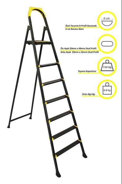 ERTEKPALeo Siyah Merdiven 6+1 Metal Basamaklı