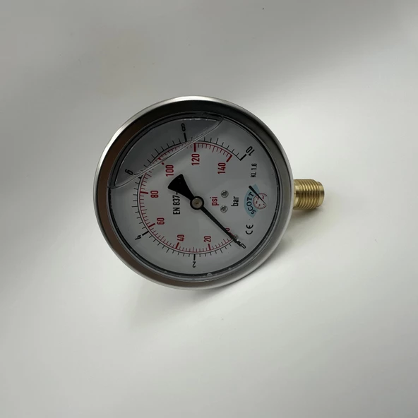 Manometre Gliserinli Alttan Çıkışlı Q100 - 0 - 10 Bar 1/2 - 2