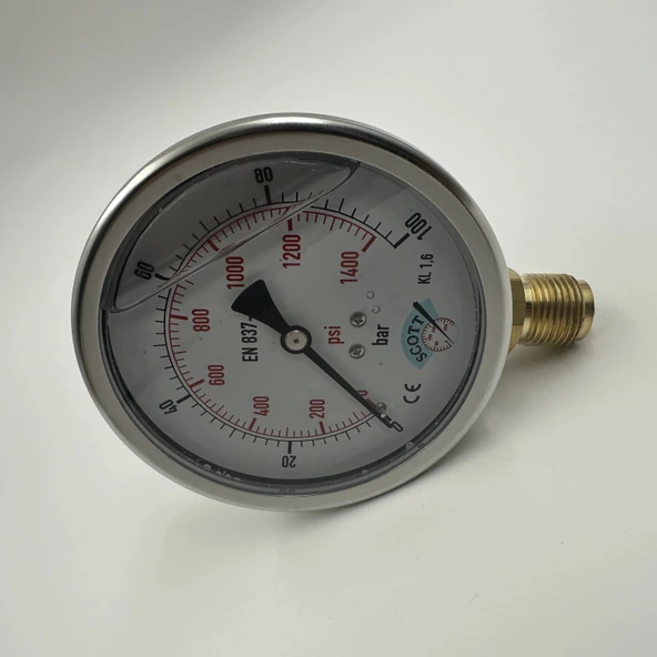 Manometre Gliserinli Alttan Çıkışlı Q100 - 0 - 100 Bar 1/2 - 4