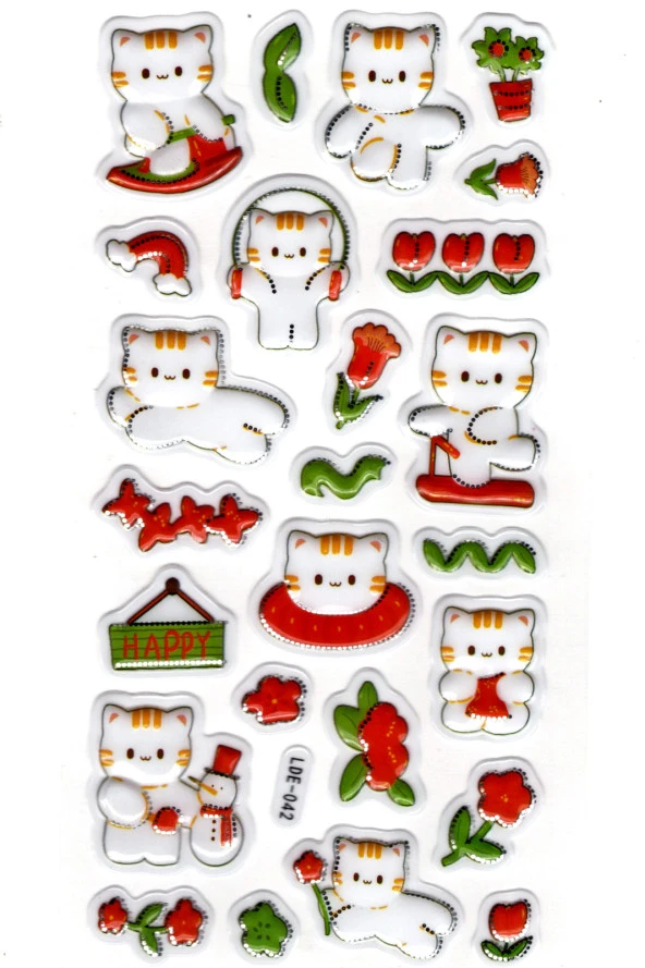 Sticker Kabartmalı Stiker Defter Planlayıcı Etiket (Lde042)-19x9cm - Kedi ve Lale - Resim 2