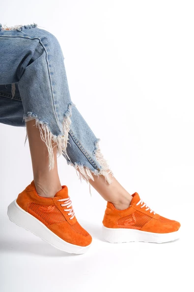 Kadın Kalın Taban File Detaylı Bağcıklı Rahat Spor Ayakkabı Sneaker - 2