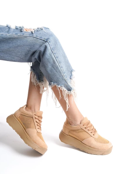 Kadın Kalın Taban File Detaylı Bağcıklı Rahat Spor Ayakkabı Sneaker - 5