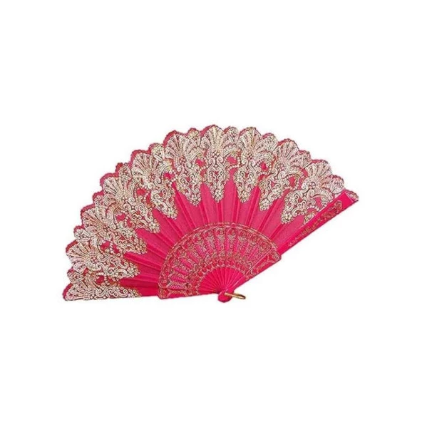 YELPAZE Şık Doğal Serinletici Desenli Simli Yelpaze Fuşya