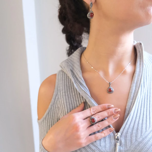 925 Ayar Akik Taşlı Gümüş Set GSET-104 - Resim 2