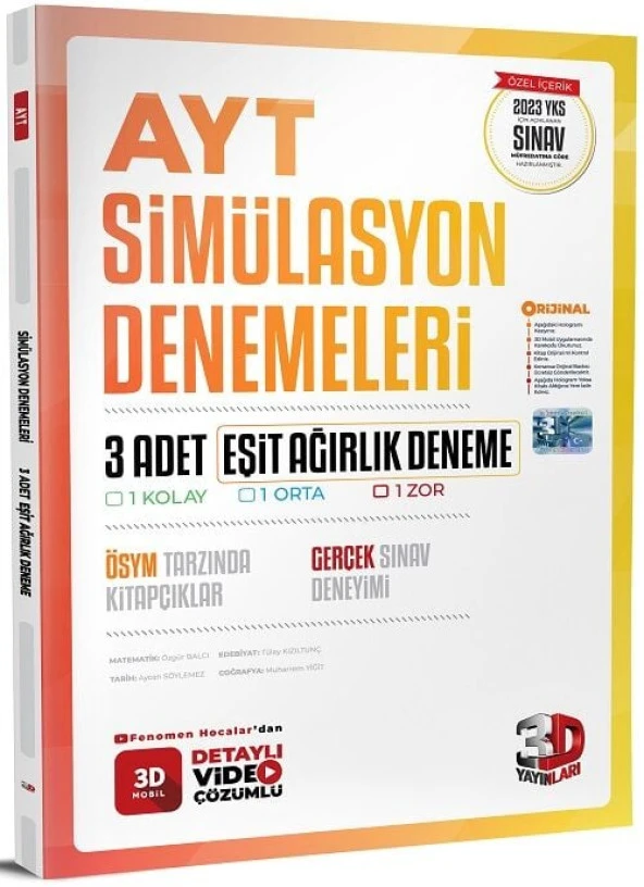 3D Yayınları 2023 YKS AYT Eşit Ağırlık Simülasyon 3 Deneme Video Çözümlü 3D Yayınları