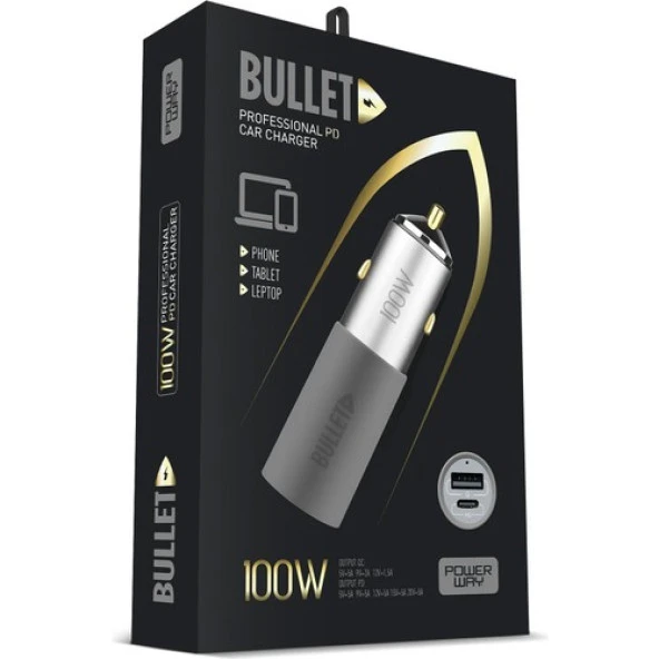 Powerway Bullet 100W Araç Çakmaklık Şarj Cihazı Type-C ve USB Çıkışlı Profesyonel Turbo Hızlı Araç Şarj