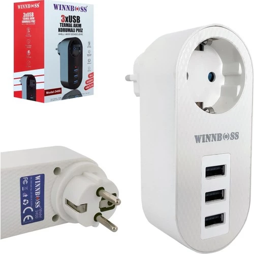 Winnboss Güvenli Enerji Kullanımı Akım Korumalı Priz 10A 2500W 3xusb Portlu