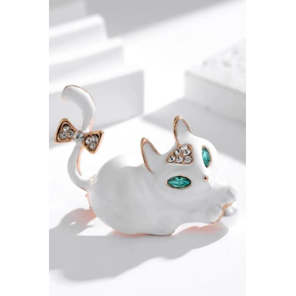 Beyaz Taşlı kedi Broş ve Yaka İğnesi - 3