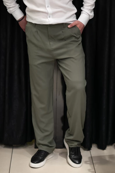 Çift Pileli Arka Beli Lastikli Geniş Paça Baggy Yazlık Kumaş Pantolon - Resim 4