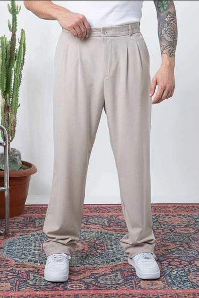 Çift Pileli Arka Beli Lastikli Geniş Paça Baggy Yazlık Kumaş Pantolon - Resim 2