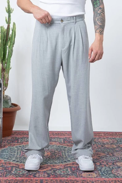 Çift Pileli Arka Beli Lastikli Geniş Paça Baggy Yazlık Kumaş Pantolon - Resim 3