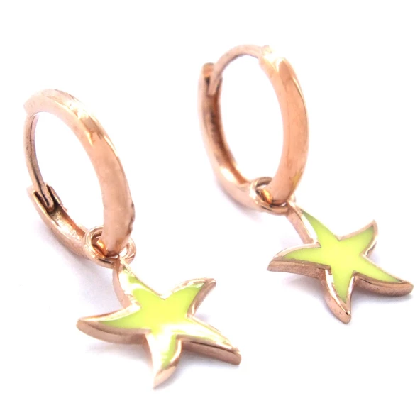 Sarı Renkli Yıldız Model Rose Gümüş Küpe GKP-104 - Resim 3