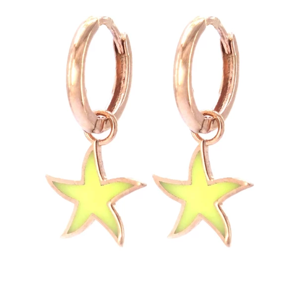 Sarı Renkli Yıldız Model Rose Gümüş Küpe GKP-104 - Resim 4