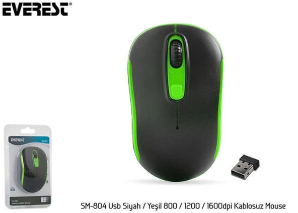 Everest SM-804 Usb Siyah-Yeşil 800-1200-1600dpi Kablosuz Mouse