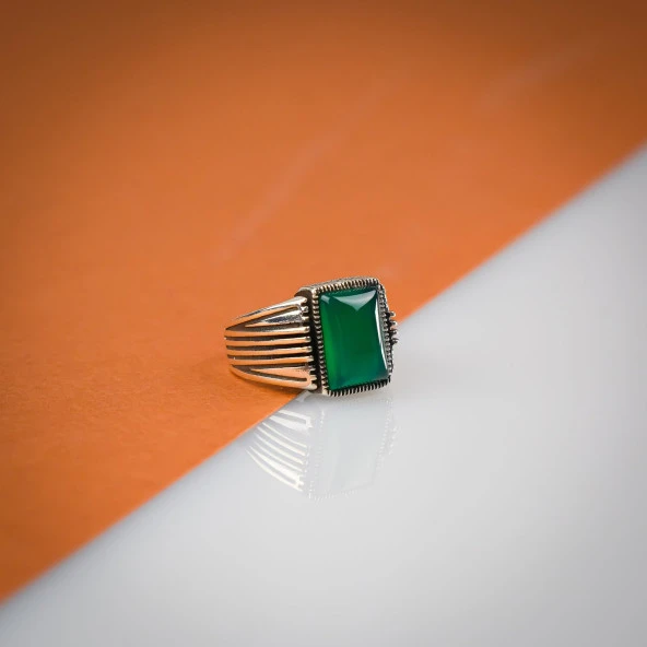 Yeşil Akik Taşı 925 Ayar Erkek Gümüş (Silver) Yüzük ürün görseli 1