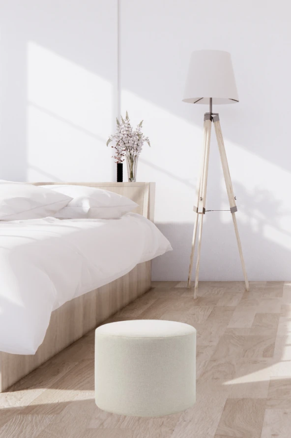 Konfor Yuvarlak Puf Krem Kumaş Salon Yatak Odası Çok Amaçlı - 3