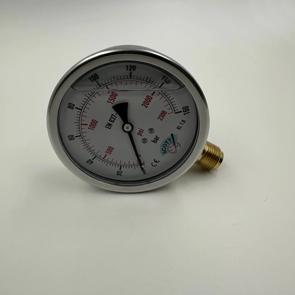 Manometre Gliserinli Alttan Çıkışlı Q100 - 0 - 160 Bar 1/2 - 4